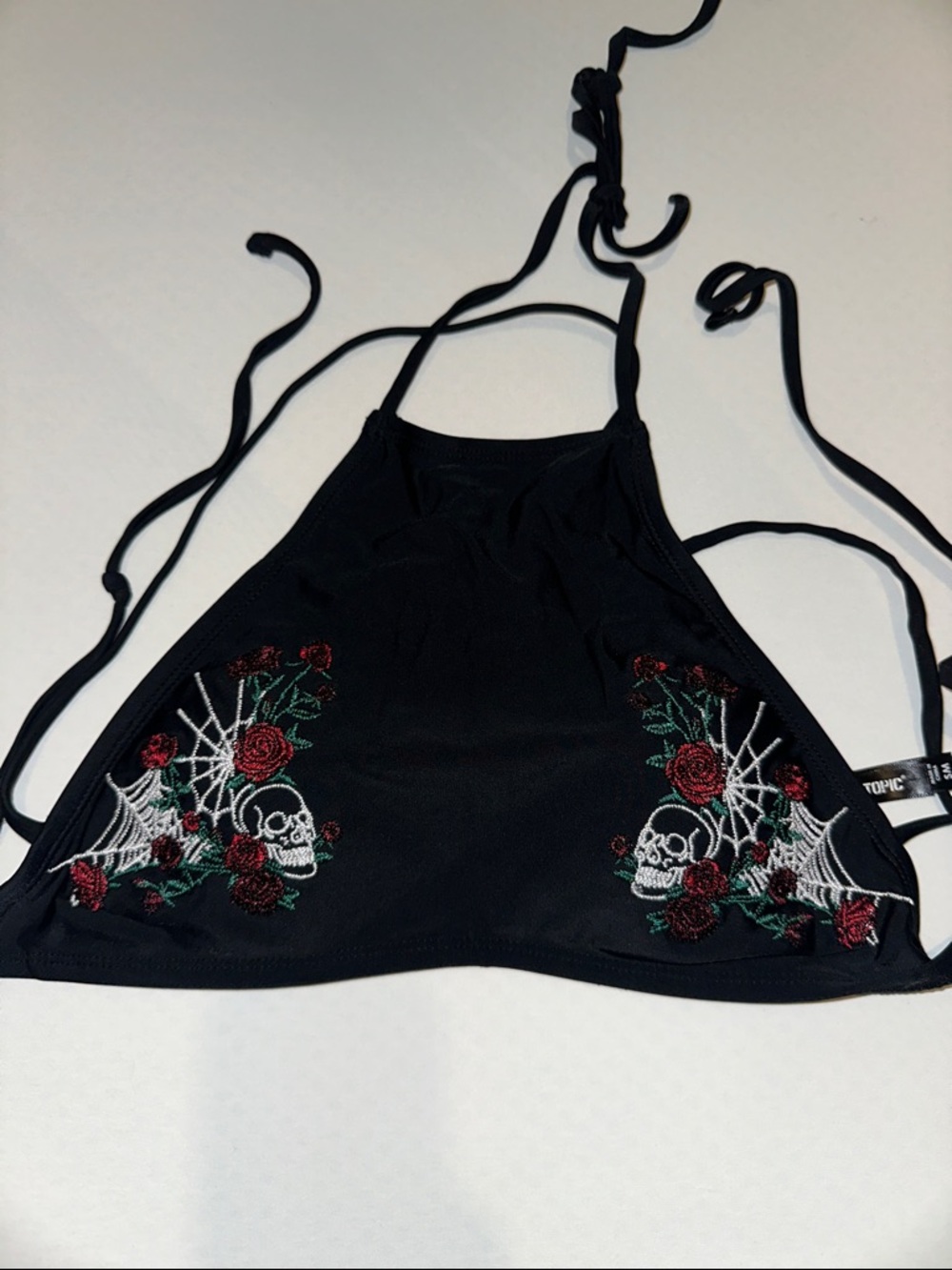 Hot Topic Black Halter Swim Top with Red Rose & White Skull Embroidery